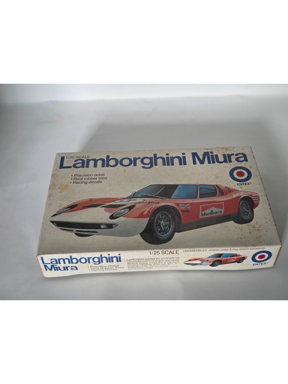 Entex Lamborghini Miura 1:25 Scale Model Kit with Box and Racing Components